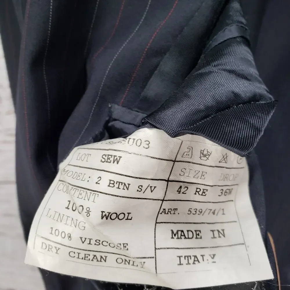 Christian Brooks Men's Blue Navy Pinstriped Wool 2Piece Suit Pants Set Size 42R